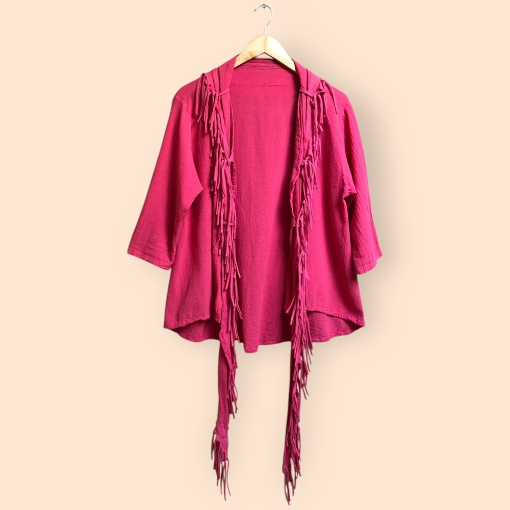 Oh My Gauze! Fringe Open-Front Pink Cardigan Cotton Gauzy Women’s 1 (S/M 6-10)